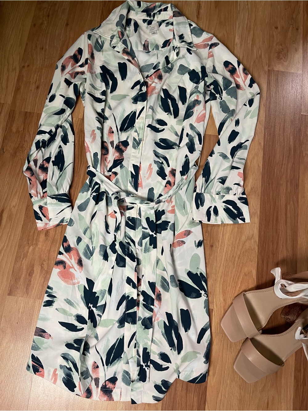 a new day White Floral Long Sleeve Shirt Dress with Belt